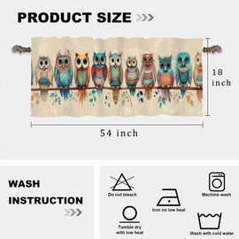 HDESDIS 1 Panel Colorful Owl Curtain Valance for Windows, Abstract Bird Tree Leaf Rod Pocket Short Window Treatment Decor Drapes for Kitchen, Bathroom, 54" X 18"