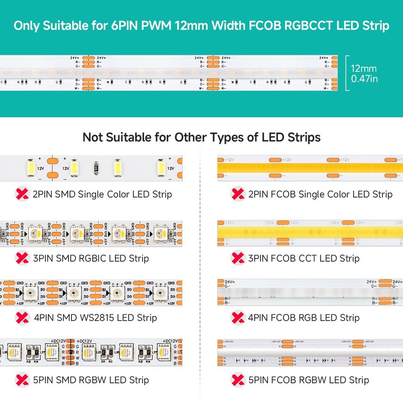 BTF-LIGHTING FCOB 12MM 6PIN Connector Kit for COB RGBCCT LED