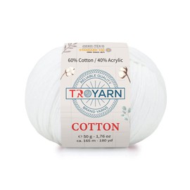 Troyarn Cotton 60% Cotton 40% Acrylic Yarn, Soft, Fine/Sport (2) for Crochet and Knitting 1.76 Oz (50g) / 180 Yds (165m) (10332 - White)