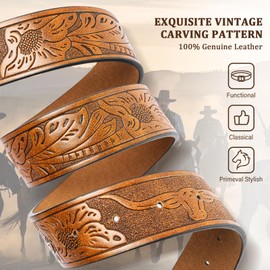 GENEMEN Western Cowboy Horse Buckle Belt for Men Women Cowgirl Floral Engraved Embossed Leather Belt for Jeans (A Brown Horse, 110)