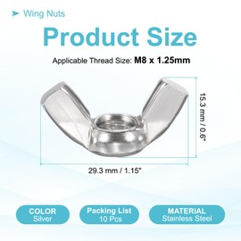 PATIKIL Wing Nuts, 10 Pcs M8 x 1.25 Stainless Steel Butterfly Wing-Nut Fasteners Parts Metric Thread for Repair Install House Furniture Boat, Silver