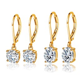 Leverback Earrings Set for Women 18K Gold Plated Cubic Zirconia Dangle Earrings Hypoallergenic Jewelry Gifts for Her (round/oval)