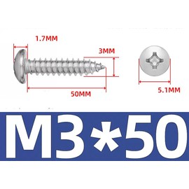 M3*50 Phillips Pan Head Wood Screws 304 Stainless Steel Self-Tapping Screws for Wood Full Thread Woodworking fastener (50pcs)