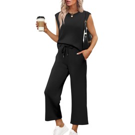 SAMPEEL Two Piece Set for Women Casual Lounge Sets Summer Outfits Matching Sets Women Clothing Business Casual Vacation Travel Outfits Wide Leg Crop Pants Set Black 2025 XL