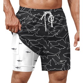 ERECT PEAK Men Elastic Waist Short Casual Shark Swim Short Surfing Tropical Vacation Quick Dry Pocket Trunk Black S