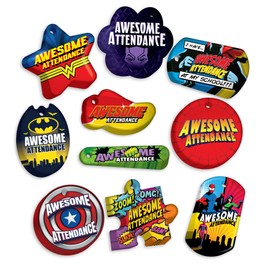 Awesome Attendance Heroes Brag Tag Value Pack to Improve Students' School & Classroom Attendance: 500 Tags (50 Tags for Each Design) + 150 USA-Made 24" Hypoallergenic Aluminum Safety Chains