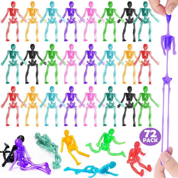 AMENON 72 Pack Halloween Toys Stretchy Skeleton, Halloween Party Favors for Kids Adults 8 Colors Sticky Toys Bulk Stress Relief Fidget Toys Halloween Toys Goody Bag Fillers Classroom Prizes Supplies