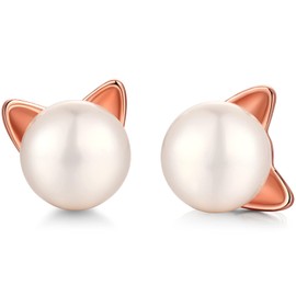 jiamiaoi Cat Earrings, 925 Silver Pearl Earrings, Cat Stud Earrings, Children Cat Pearl Earrings, Silver / Gold / Rose Gold 7.5 mm Freshwater, Silver