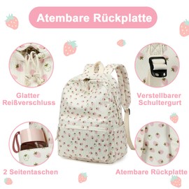 LEDAOU Backpack for Teenagers Girls School Backpack Large Book Bags Primary School High School Cord Lightweight Laptop Bags for Girls Women Casual Travel Daypacks, Cord Pink White Strawberries, L