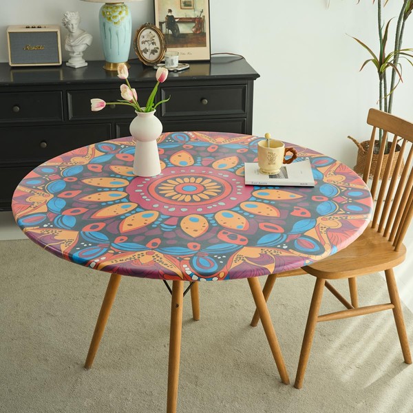 IBEQUEM Mandala Round Fitted Tablecloth with Elastic Edged, Ethnic Mandala