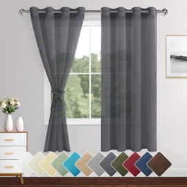 XWZO Dark Grey Sheer Curtains 72 inch Long, Grommet Transparent Window Sheer Curtain for Bedroom Living Room, Light Filtering Airy Voile Drapes Set of 2 Panels with Tiebacks, W52 x L72