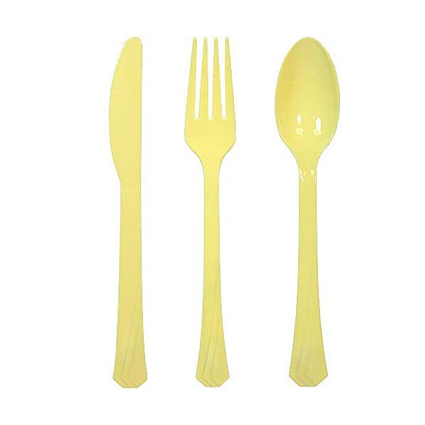 Tiger Chef Plastic Cutlery Set Heavy Duty Colored Plastic Silverware - Includes 192 Forks, 192 Teaspoons, and 192 Knives (Yellow, 576)