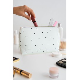Deluxe Vegan Leather Toiletry Bag 26 x 16 cm Makeup Organizer Case with Gold Zipper. Also useful as Travel Toiletry Bag, Makeup Bag and/or Travel Bag, Small Pencil Case, black dots, scrapbooking