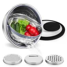 E-far Colander with Mixing Bowl Set, 4-1 Stainless Steel Colander Strainers Bowl with Graters for Kitchen, Rotatable Food Strainer Bowl for Rinsing Fruits Vegetables/Draining Pasta - Black