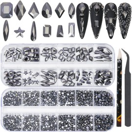 2920Pcs Mineral Gray Nail Rhinestones Kit 12 Types Special-Shaped Multi Shapes Crystal Gray Flatback Rhinestones Gems Round Glass Stones Diamonds with Tweezer+Wax Pen for Nail Faces Eyes Makeup Crafts