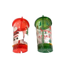 PLA-Lighted Christmas Tumblers, Set of 2, 19 Fluid Ounce Cups in Red with Santa at The North Pole and Green with Reindeer, Each with Matching Lids and Straws, Fun and Festive