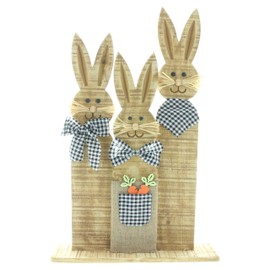FRANK FLECHTWAREN Easter Decoration, Rabbit Trio, Chequered Look, Wood, Textile, Raffia, Easy Self-Assembly, Dimensions: 38 x 9 x 58 cm