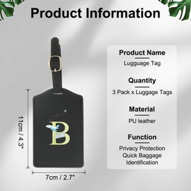 YELARXI Luggage Tags, Initial Letter Travel Luggage Baggage Labels PU Leather Waterproof for Privacy Protection ID Suitcase Identifier Backpack (3 Pack, Black B)