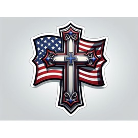 American Flag Cross Vinyl Sticker 5 Inch Waterproof Christian Patriotic Decal Jesus Faith Religious USA Graphic for Car Truck Laptop Window Water Bottle Bumper
