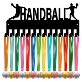 CREATCABIN Handball Medal Holder, Medal Hanger, Display Stand, Sport, Metal, Hanging, Awards, Iron, Small Holder, with 14 Hooks for Football, Gymnastics, Swimming, Black, 29 x 13 cm