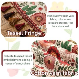 Boho Table Runner Flower Rustic Dining Table Centerpiece Decor with Tassels,Spring Farmhouse Decor Retro Coffee Table Runner for Dining Living Room Bedroom (35cm*180cm)