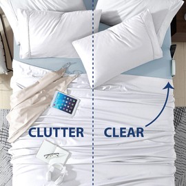 Cathay Home TwinXL Double-Sided Organizer Pocket Fitted Smart Sheet - Double Brushed Ultra Soft – Wrinkle & Fade Resistant - 14" Deep Pocket Fitted Sheet Only (TwinXL, Blue Fog)