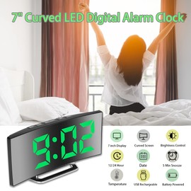 Digital Alarm Clock for Bedrooms, Bedside Clock with Modern Curved Design for Heavy Sleeper, 2 Brightness, 12/24H, Snooze, USB Power Supply, Power-off Memory(Green)