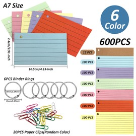 Flash Cards 600PCS Revision Cards Coloured, 6 Pack A7 Ruled Index Cards, Cue Cards with 6PCS Binder Ring and 20PCS Paper Clips for Office School Home