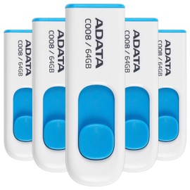 PSA COMPUTO Y PAPELERIA Kit 5 Memorias ADATA 64 GB Memoria Flash USB 2.0 Deslizable y Elegante Color Blanco con Azul con un Arranque Inteligente (Modelo C008) KIT5AC008-64G-RWE