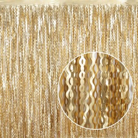 4 Pack Wavy Champagne Gold Metallic Tinsel Foil Fringe Curtains Backdrop - 3.3X6.6ft Foil Fringe Backdrop for Parties | Door Streamers for Birthday | Photo Booth Backdrops Party Decor
