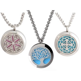 Wild Essentials Tree of Life, Flower of Life and Cross Essential Oil Diffuser Necklace Stainless Steel Locket Pendants with 24 inch Chains and 36 Refill Pads