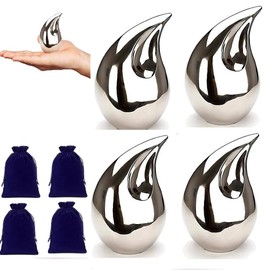 4 Pcs Unique Silver Teardrop Small Keepsake Cremation Urns for Human Ashes Adult for Both Male and Female, Mom Dad Son Women Men Mini Urns,Funeral Small Earns for Ashes with Velvet Bags 3 Inch Size