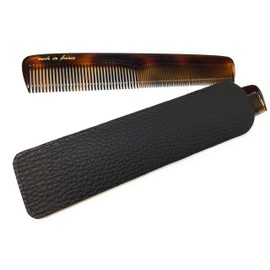 Men's Comb Acetate Havana Amber 15.5 cm Made in France (61) with Genuine Leather Case Black