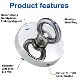 Fishing Magnets Large Fishing Magnets strong retrievin super Rare Earth Magnet hooks 150-1500Lbs - 700 lbs / 2.95 inch / 75 mm