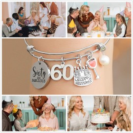 Miss Pink 60th Birthday Jewelry Gifts for Women Stainless Steel Expandable Bangle 60 Year Old Charm Bracelets for Daughter Granddaughter