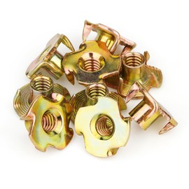 1/4"-20 T-Nuts (50 Pack), Yellow Zinc-Plated Steel Corrosion Resistant T nut, 5/16" Barrel Length, 4-Pronged Tee Nut for Wood, Rock Climbing Holds, Cabinetry