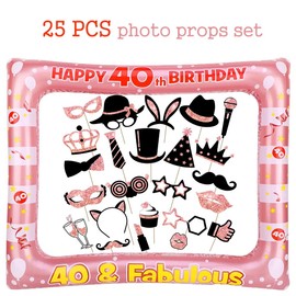 40th Birthday Inflatable Picture Frame with 22 Pieces Photo Props, 40th Photo Booth, Happy Birthday Party Photo Box Accessories, Rose Gold Selfie for Women Birthday