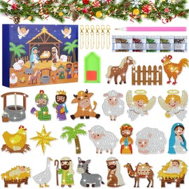 Cinnvoice Nativity Diamond Painting Advent Calendar 2024, 24 Pcs Nativity Scene Diamond Art Keychains Christian Religious Christmas Countdown Calendar DIY Crafts and Gifts