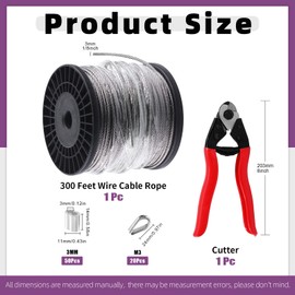 Swpeet 72Pcs 304 Stainless Steel Wire Rope Aircraft Bicycle Cable Cutter and 300ft Stainless Steel Wire Rope Deck Railing Cable, Cable Rope Cable Thimbles and Aluminum Crimping Loop Sleeve for Deck