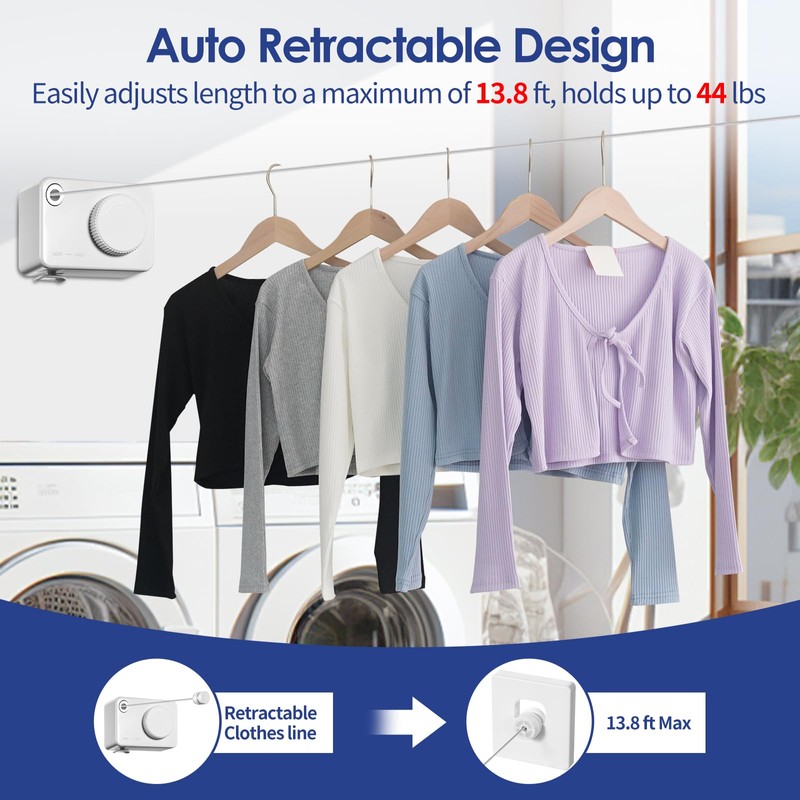 ARCHIMAS Retractable Clothesline Indoor,Non-Sagging Clothes Line Retracting Outdoors,13.8Ft Space-Saving Clothes