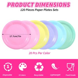 Limbeuuu 120 Pieces Pastel Rainbow Paper Plates 7 Inch Bulk Paper Plates Disposable Party Tableware Heavy Duty Table Decors Party Supplies for Birthday, Dinner, Wedding