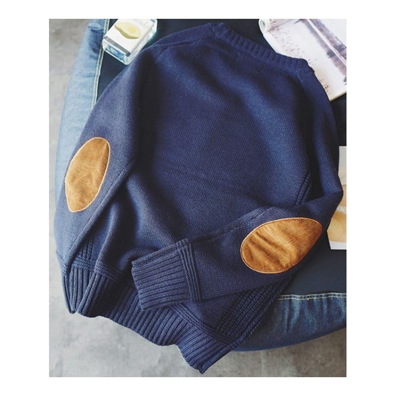 Aspersio Men's Elbow Patch, Loose Knit, Round Neck, Sweater, Long