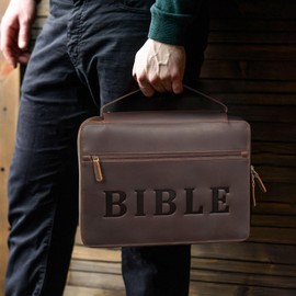 Polare Full Grain Leather Bible Cover Church Bag Large Letter Bible Bag Carrying Book Protective Case Holder, Gifts for Men and Women