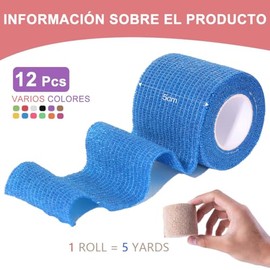 12 Pcs Vendas autoadhesivas, 5cm x 4.5M Cinta de Vendaje Elástica Portátil, Vendas Veterinarias, Venda Adhesiva Elástico Atlético para Estiramientos, 