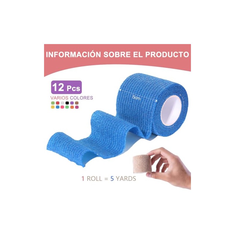 12 Pcs Vendas autoadhesivas, 5cm x 4.5M Cinta de Vendaje