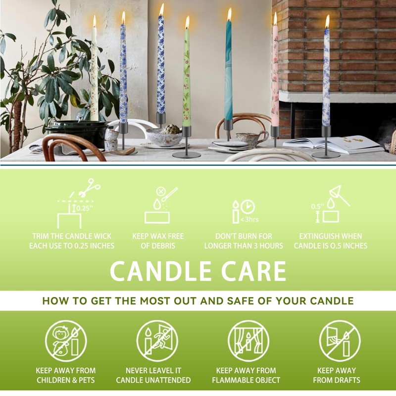 Scandinavian Tall Candle 10 in Green Printed Taper Candles Hand