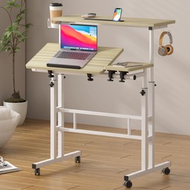 SogesPower 2 Platforms Mobile Laptop Desk Adjustable Side Table Computer Stand for Bed Sofa,Mobile Standing Desk with Cup Holder and Hooks, Maple