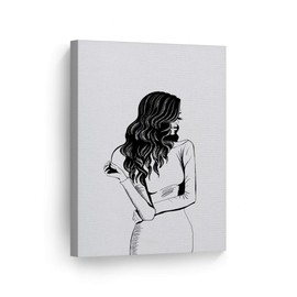 Smile Art Design Black and White Black Haired Modern Lady Sketch Glam Fashion Canvas Print Wall Art Office Bathroom Teen Girl Room Women Dorm Bedroom Living Room Wall Decor Ready to Hang 22x15