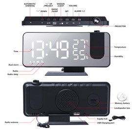 Number-one Projection Digital Alarm Clock for Bedrooms, FM Radio Alarm Clock, 7.5'' Dual Alarms with Snooze, USB Charging Port, Temperature & Humidity Display, 180° Rotable, 4 Dimmer, 12/24 Hours