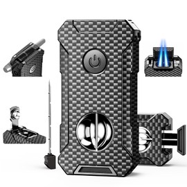 5-in-1 Torch Lighter with Cutter, Punch, Holder, and Draw Enhancer Tool, Adjustable Dual Jet Flames, Trendy Gift for Men, Refillable Butane Lighter, Rechargeable Lighters for Candle, Travel Outdoors